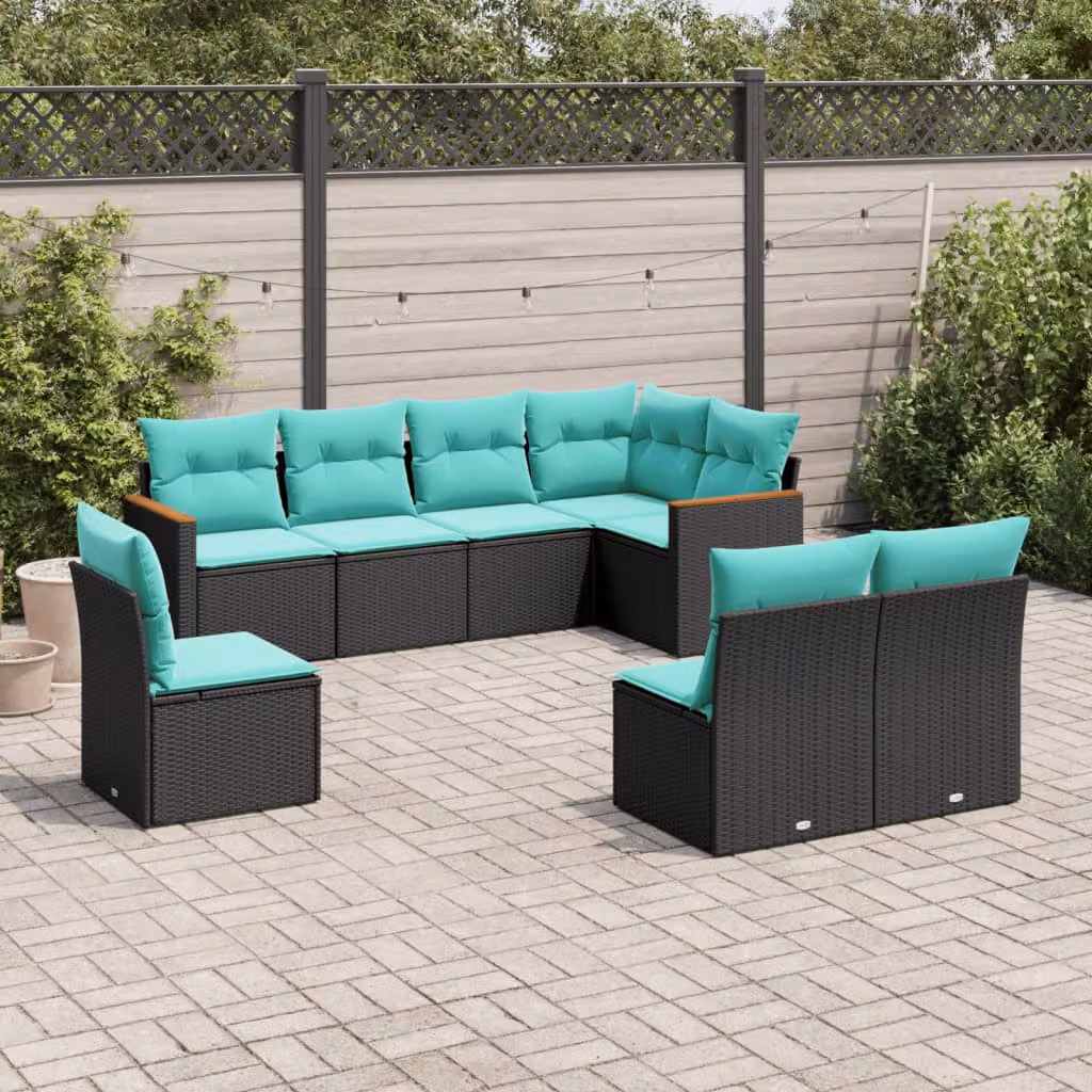 Set di divani da giardino vidaXL a forma di U composto da 8 pezzi con cuscini, struttura in metallo e rattan, colore nero e blu