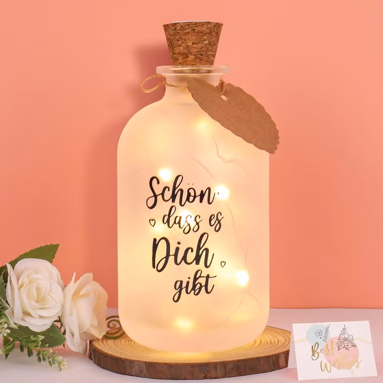Lampada a LED per bottiglie, con scritta, alimentata a batteria, capacità 125 ml, luce bianco caldo