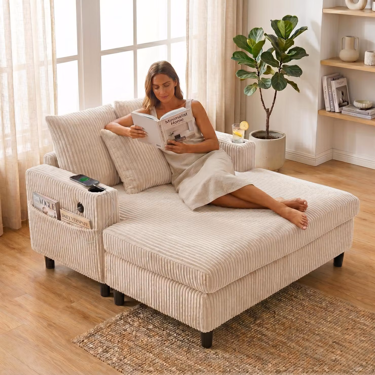 LVHOM divano letto con LED e USB, poltrona in tessuto a coste, divano lounge con tasche laterali e portabicchieri, portata 350 kg, 128x85x142 cm, beige