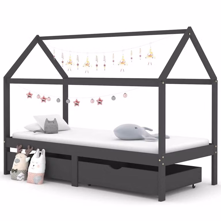 vidaXL Giroletto per Bambini con Cassetti in Pino Massello Grigio 90x200 cm