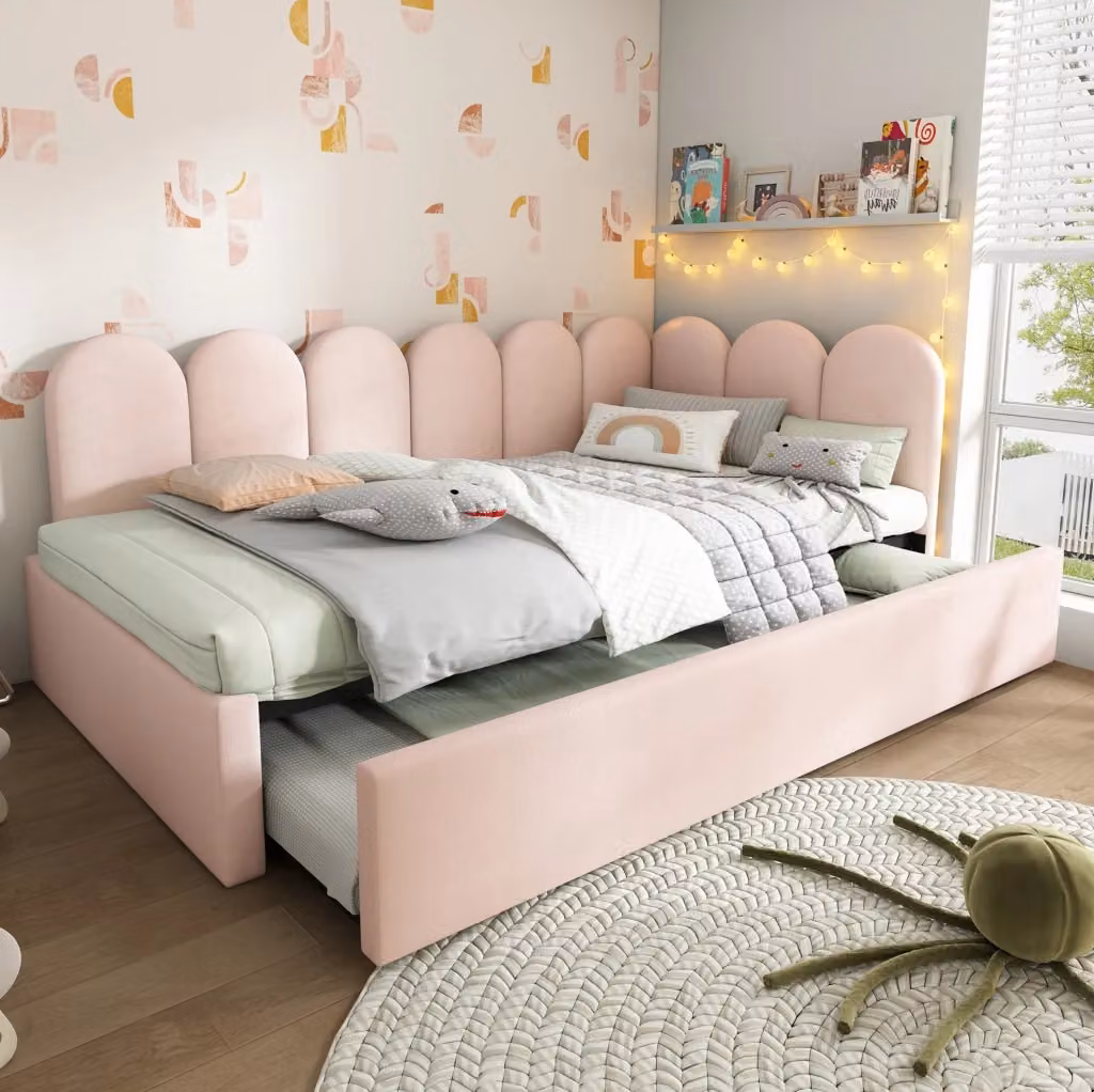 Letto daybed moderno in velluto rosa con letto estraibile e cassetti per cameretta bambini L/P/H: 203 x 90 x 76 cm – 2