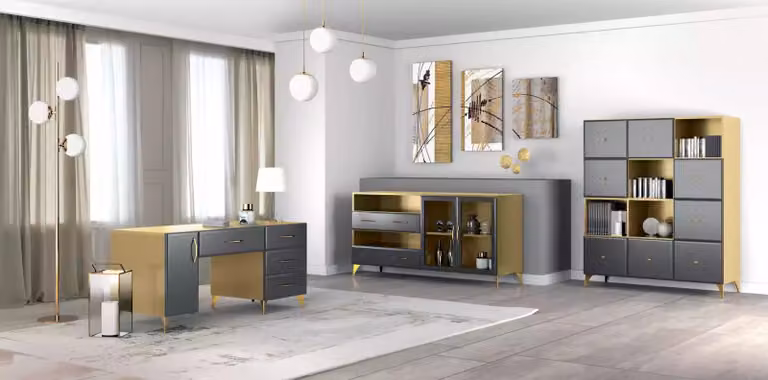 Wohnzimmer Set Schreibtisch Sideboard Bücherregal 3tlg. Tisch Möbel Holz