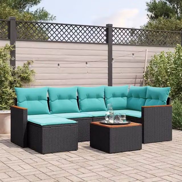 Set Divani da Giardino 7 pz con Cuscini Nero in Polyrattan 3226183