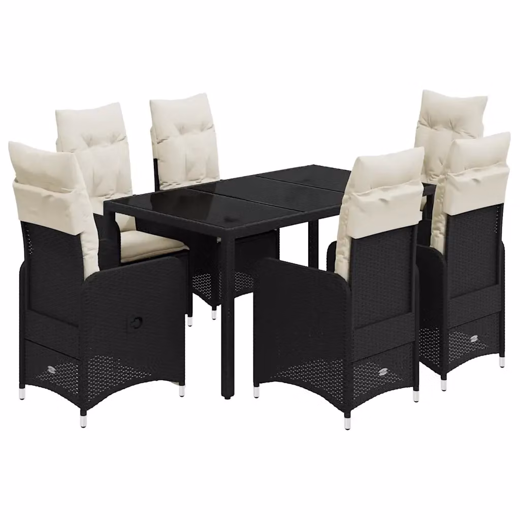 Set da Bistrò da Giardino e Balcone vidaXL in Polyrattan Nero con Cuscini e Piano in Vetro, 7 Pezzi – 2