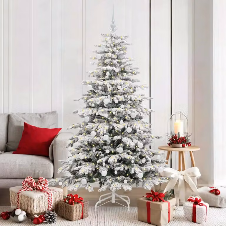 Albero di Natale Artificiale vidaXL Bianco con Luci LED Warm White e Rami Pieghevoli, Altezza: 180 cm