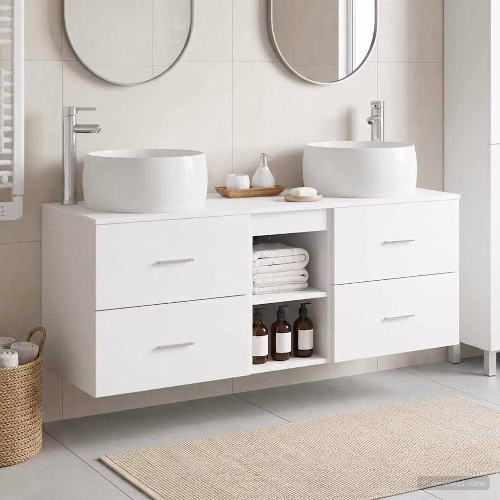 Set di mobili per il bagno moderno vidaXL in 3 pezzi Bianco con finitura opaca, composto da mobile lavabo e pensile, L/P/H: 49,5 x 44,5 x 66 cm