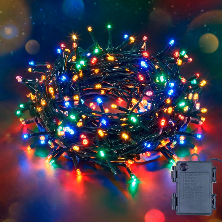 Catena luminosa a LED con 200 luci colorate, lunghezza 19,9 metri, alimentazione a batteria, 8 modalità