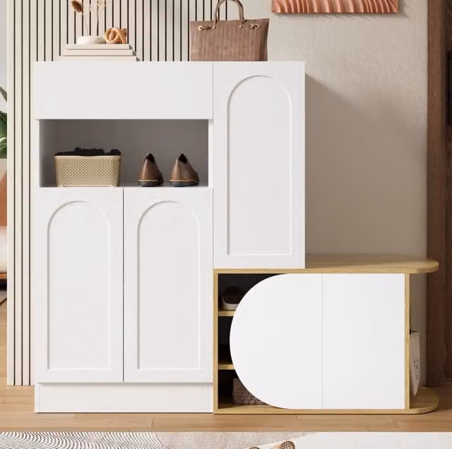 Mobile portascarpe con panca; 5 ante e cassetto in MDF; bianco e finitura legno; 130 × 35 × 110;5 cm