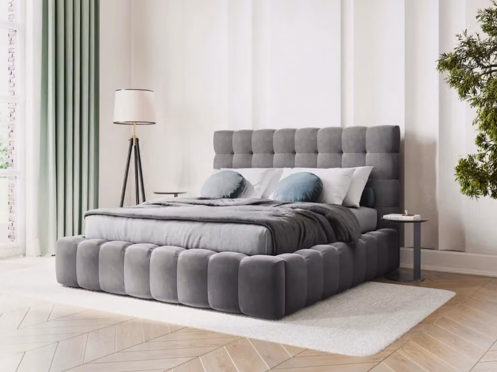 Letto con cassettone e testiera Bali di Cosmopolitan Design in velluto grigio L: 160 cm, P: 200 cm, H: 110 cm – 2