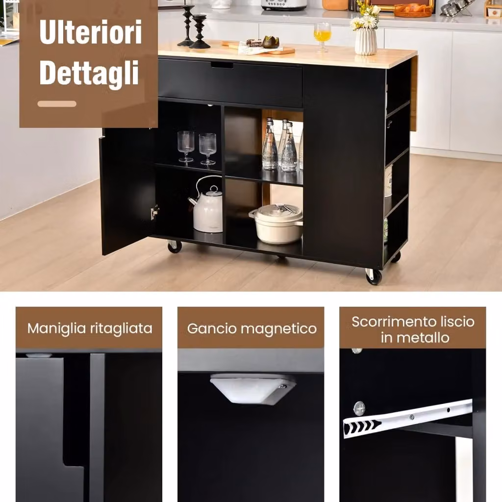 Costway Isola da cucina con piano a foglia a goccia estensibile e ruote bloccabili, Nero, L: 124 cm, P: 76 cm, H: 92 cm – 2