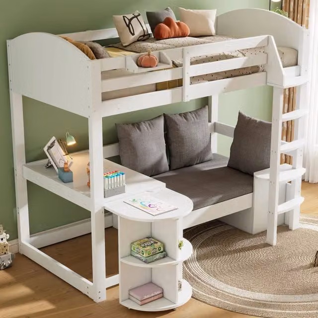 Letto a soppalco MIVRAY bianco con scrivania estraibile, divano contenitore e ripiani in legno, dimensioni 90 x 200 cm