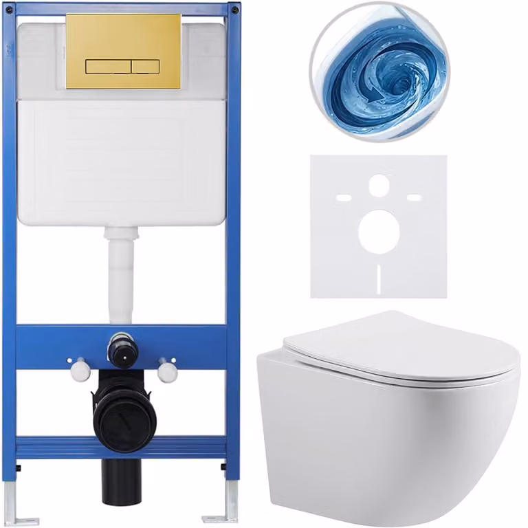 CERANO - Set completo per WC da incasso Lite/Cesso - bianco lucido - pulsante WC Slim, dorato - installazione a parete/cartongesso - 49x36 cm