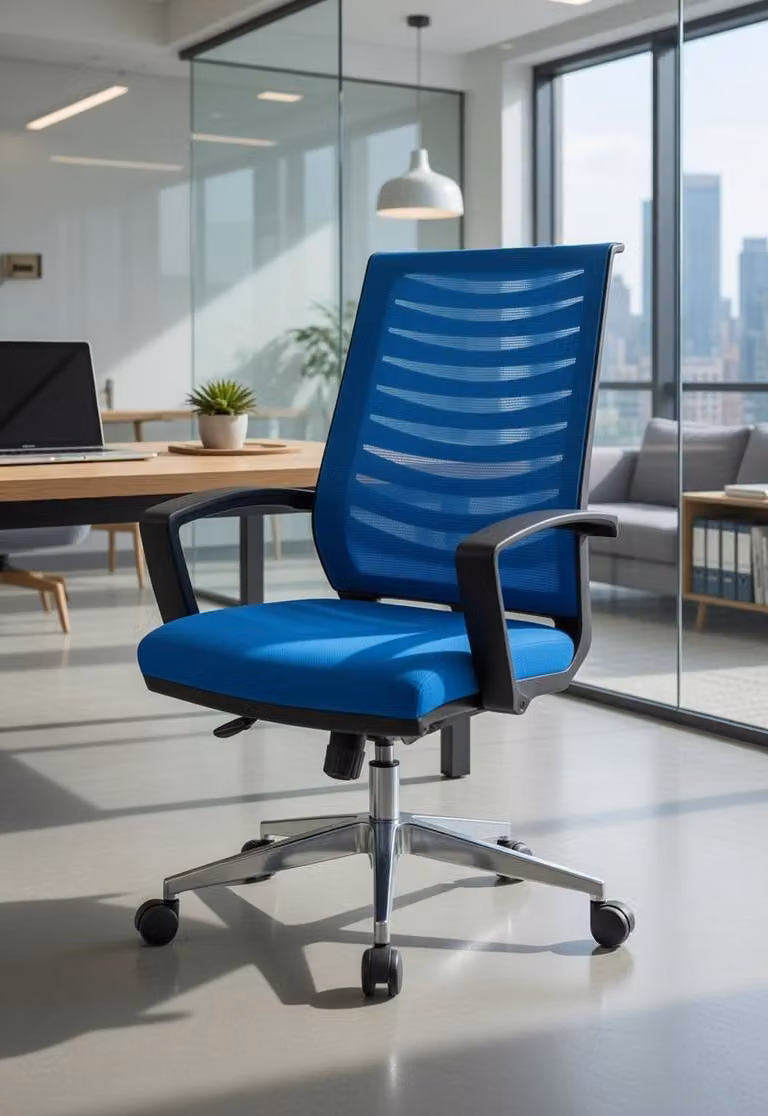 Sedia da ufficio blu con schienale ergonomico e struttura robusta