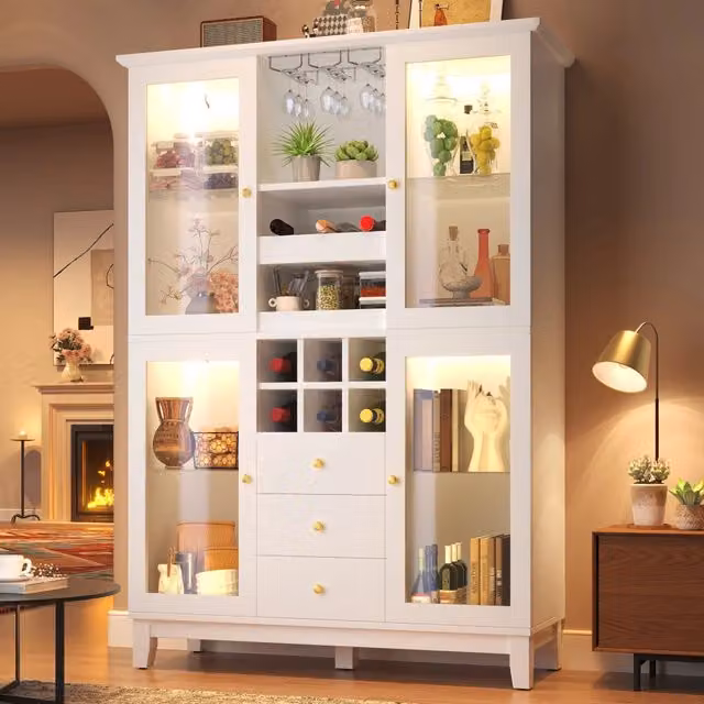 Mobile bar con 3 cassetti, ripiani regolabili, portabicchieri e portabottiglie, in MDF, bianco, 120 × 40 × 180,5 cm