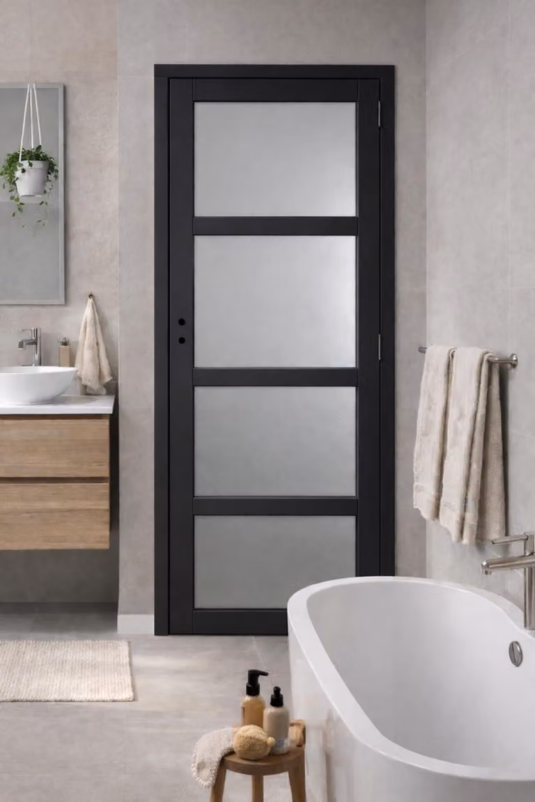 Bloc Porta Telia Nero Vetrata H204 x L83 cm, lato tabella P. sinistra, GD MENUISERIES