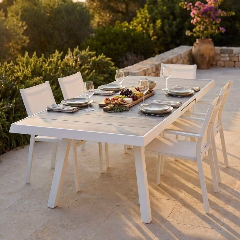 Milani Home - tavolo da giardino allungabile, alluminio e gres, piano in gres, 10 posti, bianco, piano 205/265 x 105 cm