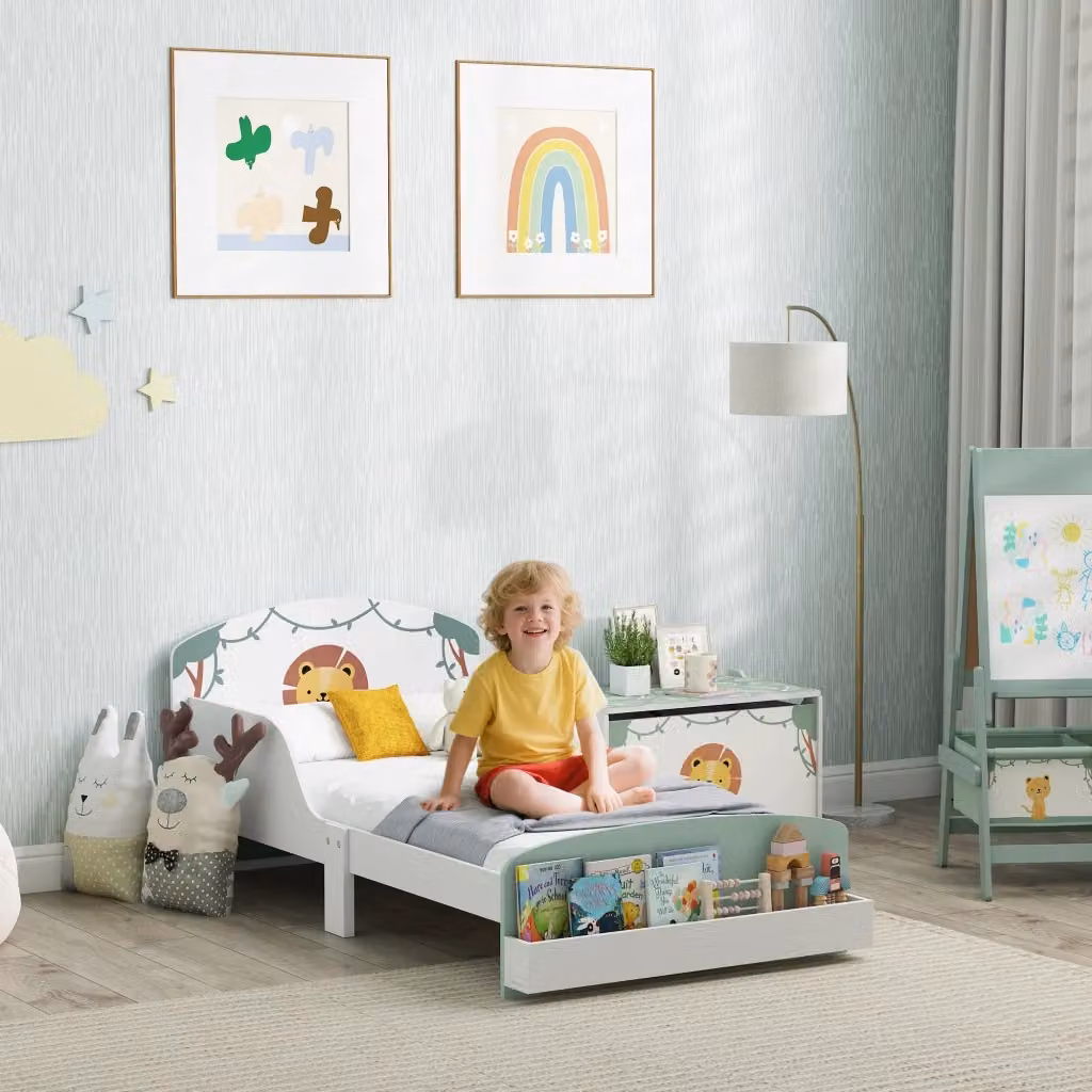 Letto per bambini Giordanoshop in MDF con scomparti laterali e scaffale, Verde e Bianco, L: 150 cm, P: 77 cm, H: 60 cm – 2