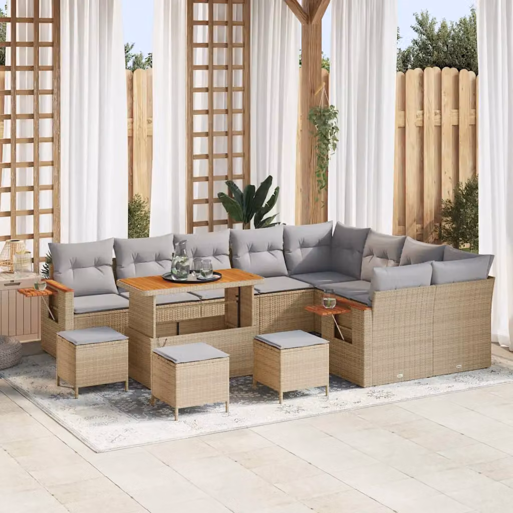 Set Divano da Giardino vidaXL 14 Pezzi in Polyrattan Beige e Grigio con Cuscini e Tavolino – 1
