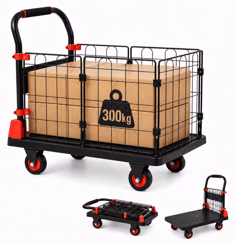 Carrello pieghevole con struttura in metallo, capacità di carico 300 kg, 4 ruote piroettanti