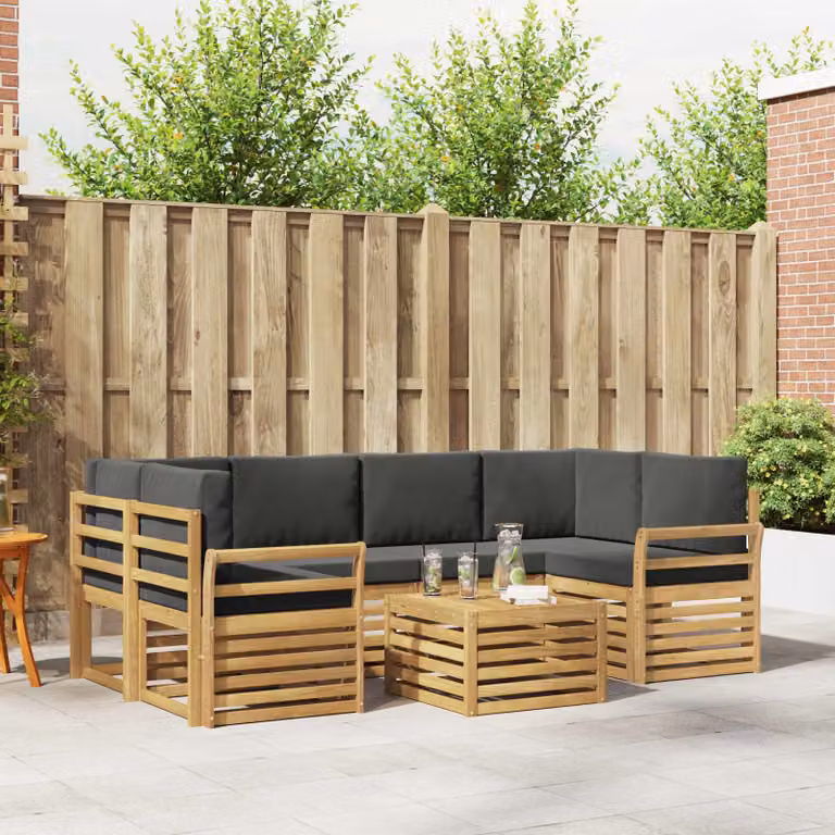 vidaXL Set di divani da esterno a forma di U composto da 7 pezzi in legno di acacia con cuscini bianchi e antracite e tavolino da caffè