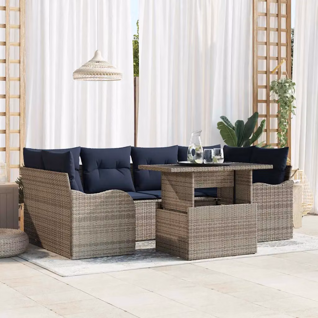 Set Divano da Giardino vidaXL 7 pz in Polyrattan Grigio e Blu Navy