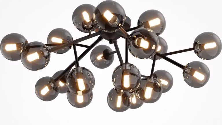 Plafoniera Contemporanea Dallas Metallo Nero 20 Luci Diffusori Vetro Specchiato