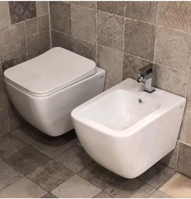 Coppia di sanitari wc e bidet sospesi ceramica SICENA SQUARED