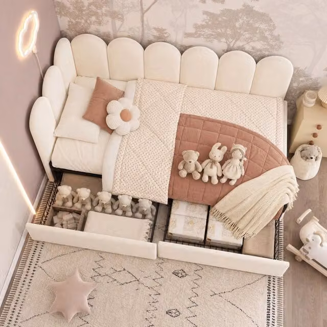 Letto Mivray con cassetti e struttura a L imbottita in velluto beige, L/P/H: 190 x 90 x 76 cm