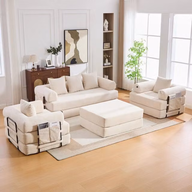 Set di sedute modulari beige in velluto a coste con divano a 3 posti, poltrona e pouf con struttura in metallo
