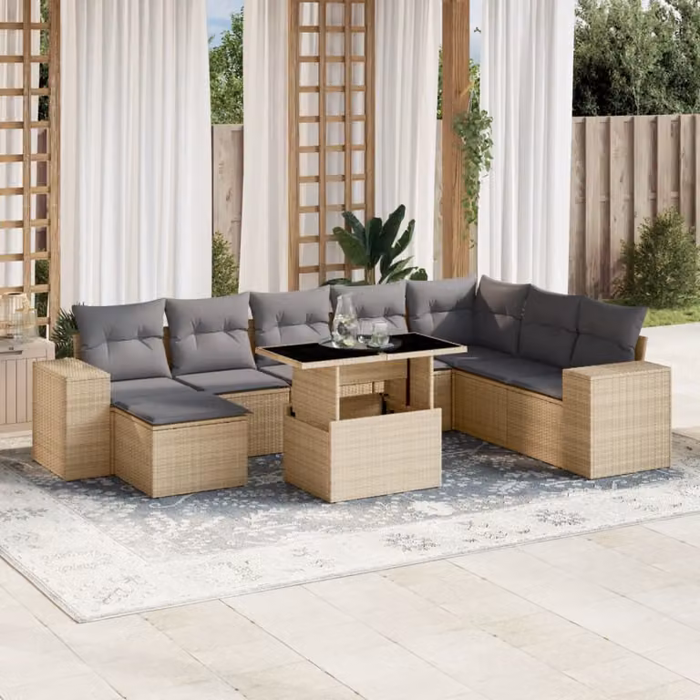 vidaXL Set Divano da Giardino a L 9 pz in Polyrattan con Cuscini Beige e Tavolino da Esterno