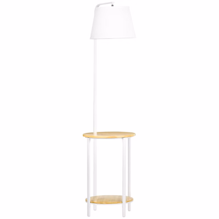 Lampada da terra Moonbite, altezza 162 cm, con 2 ripiani, paralume effetto lino, ripiano in bambù e struttura in metallo, interruttore a pedale, attacco E27 fino a 40 W, acciaio, bianco