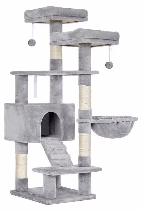 Albero per gatti con tiragraffi, rivestito in peluche e dotato di giocattoli, colore grigio chiaro, dimensioni 50 x 45 x 142 cm