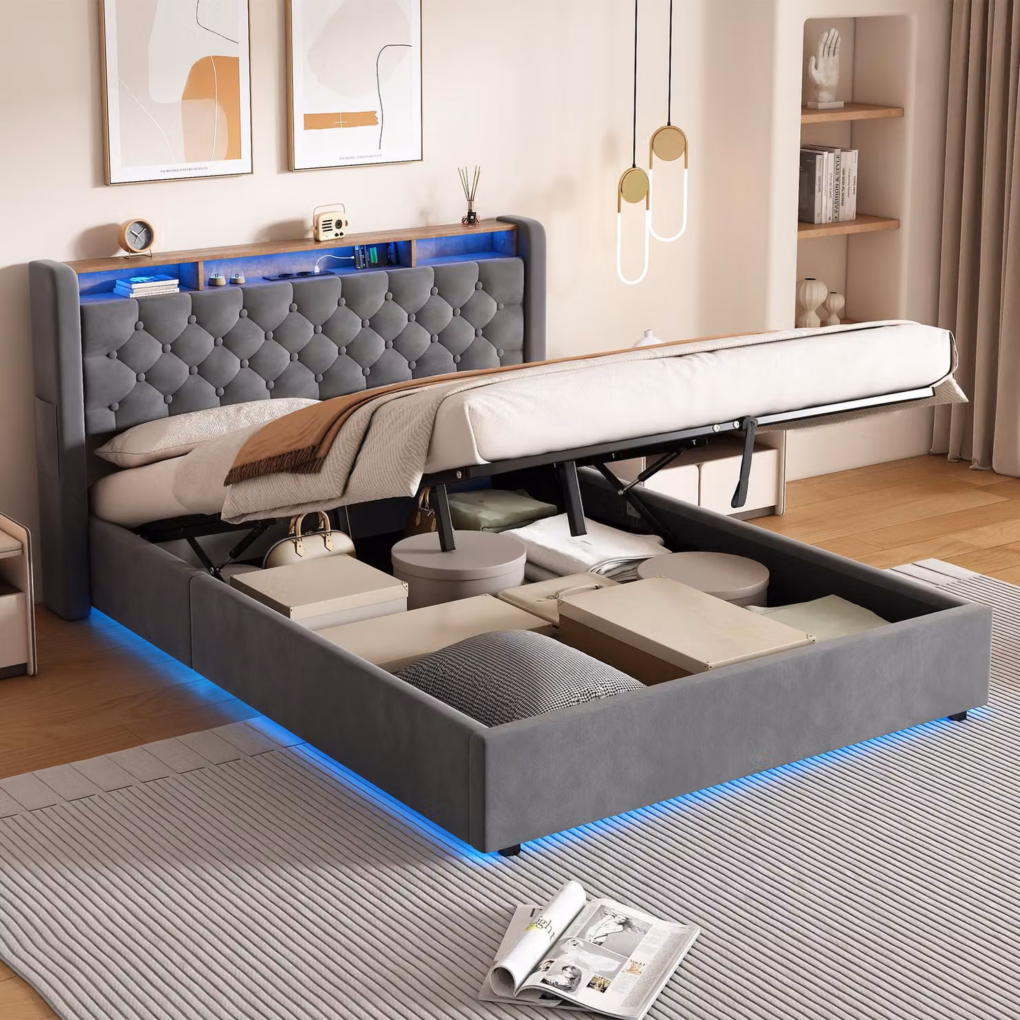Letto imbottito MODFU 140x200 con materasso e contenitore, letto per ragazzi con testiera, luci LED e presa elettrica, grigio scuro