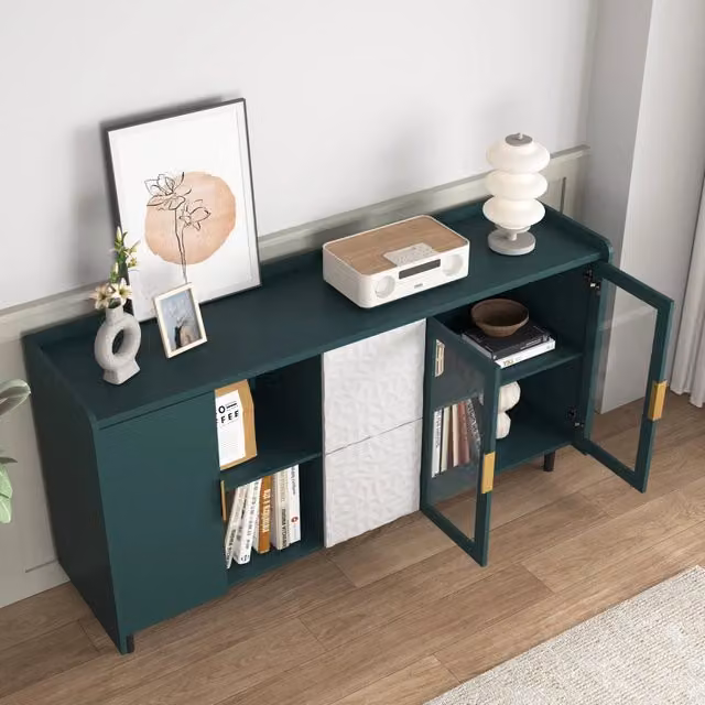 Credenza da cucina con 2 cassetti; 2 vani aperti e 2 ante in vetro in MDF verde; piano da 146 cm