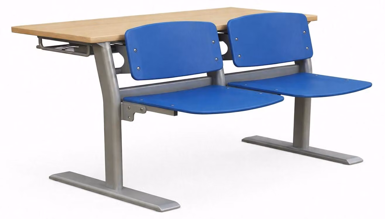 Panca doppia da scuola, pratica, con sedute blu e struttura in metallo