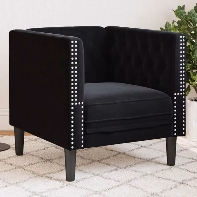Poltrona Chesterfield nera in velluto vidaXL con struttura in legno massiccio e braccioli – 1