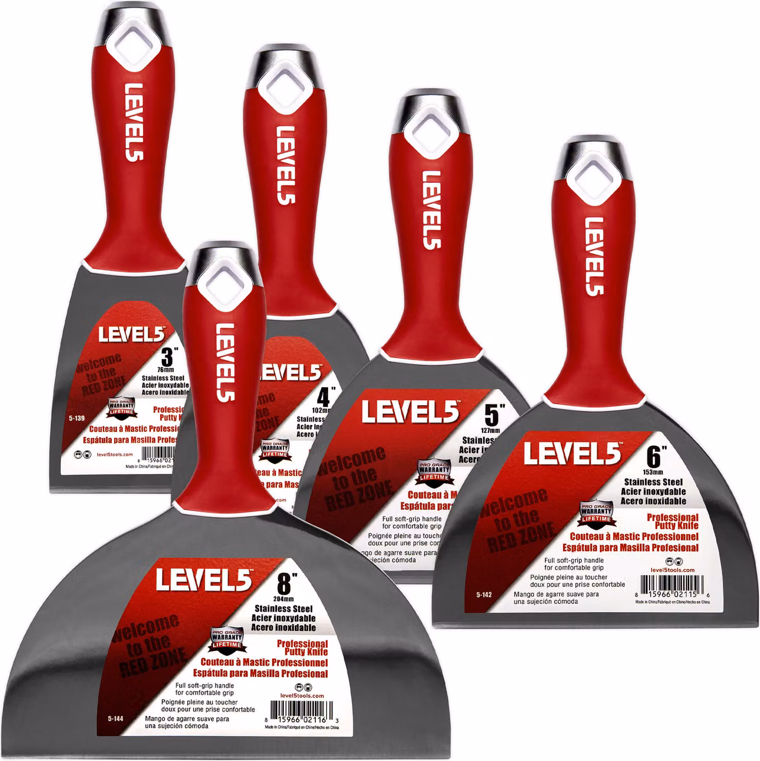 LEVEL5 set professionale 5x spatole in acciaio inox con impugnatura morbida per cartongesso 5-602
