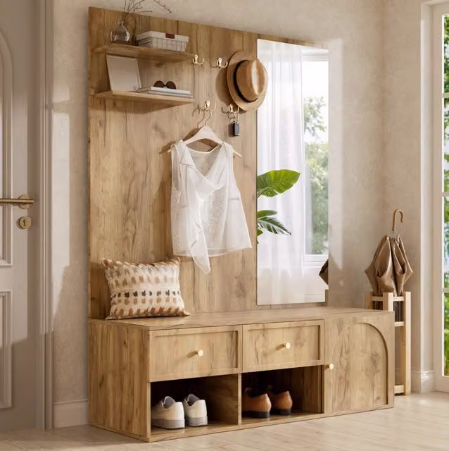 Set guardaroba da ingresso ULEVR 120x35x159 cm con specchio, 5 ganci, 2 cassetti e scarpiera effetto legno