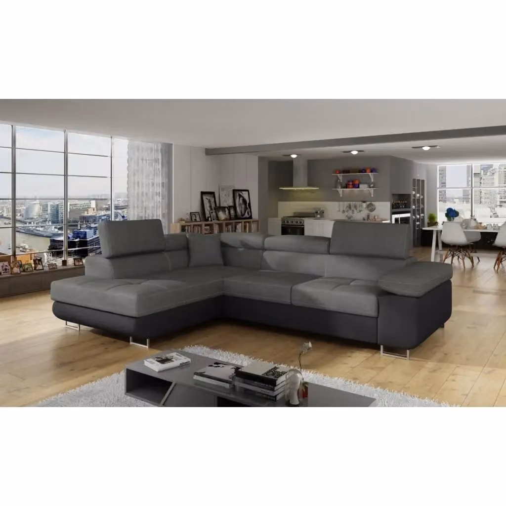 Divano ad angolo convertibile MENTON MEUBLORAMA grigio e nero con funzione letto e poggiatesta regolabile, angolo sinistro – 2