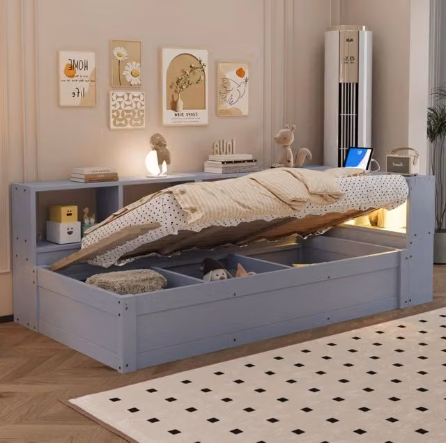 Letto multifunzione 90x200 cm in MDF grigio con contenitori e LED, salvaspazio -