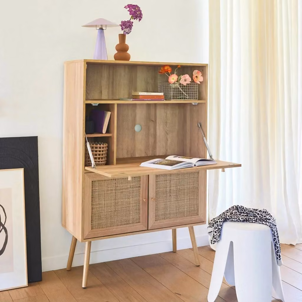 Scrittoio a secretaire Sweeek in stile boho con effetto legno e canna da zucchero, colore marrone, L: 138 cm, P: 38 cm, H: 90 cm – 2