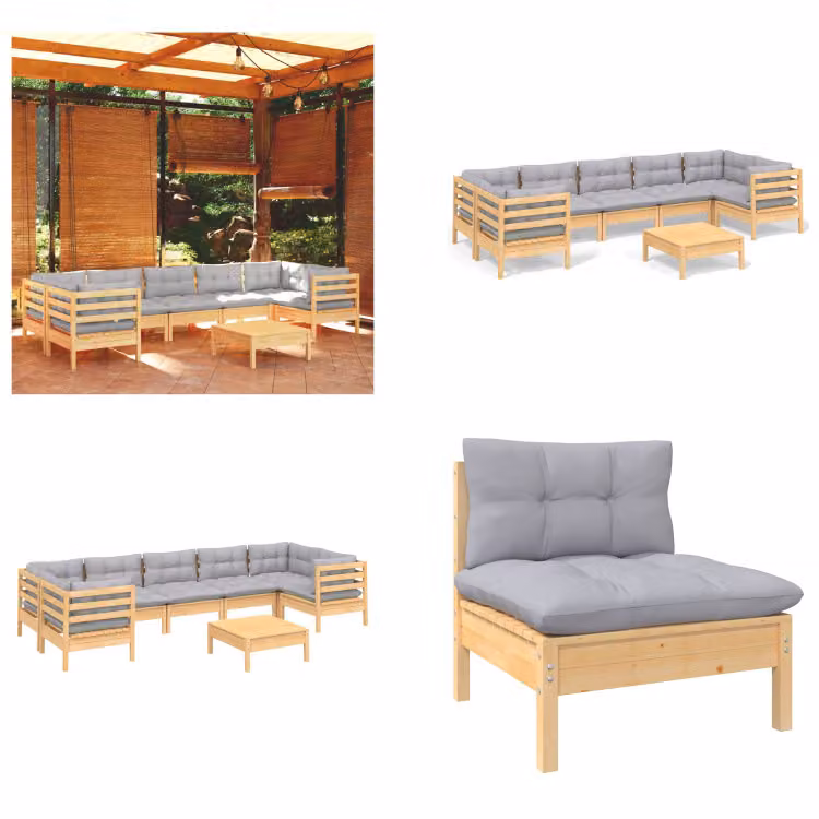 vidaXL set salotto da giardino 8 pezzi con cuscini grigi in legno di pino - Set salotto da giardino - Set salotto da giardino - Set mobili da giardino - Set mobili da giardino