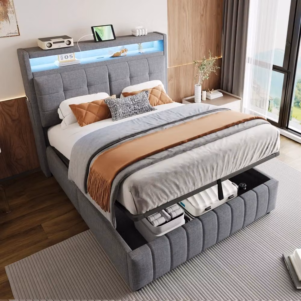 Letto Contenitore Imbottito Minimal Grigio in Tessuto Lino con LED e Porte USB L/P/H: 140 x 200 x 110.5 cm – 2
