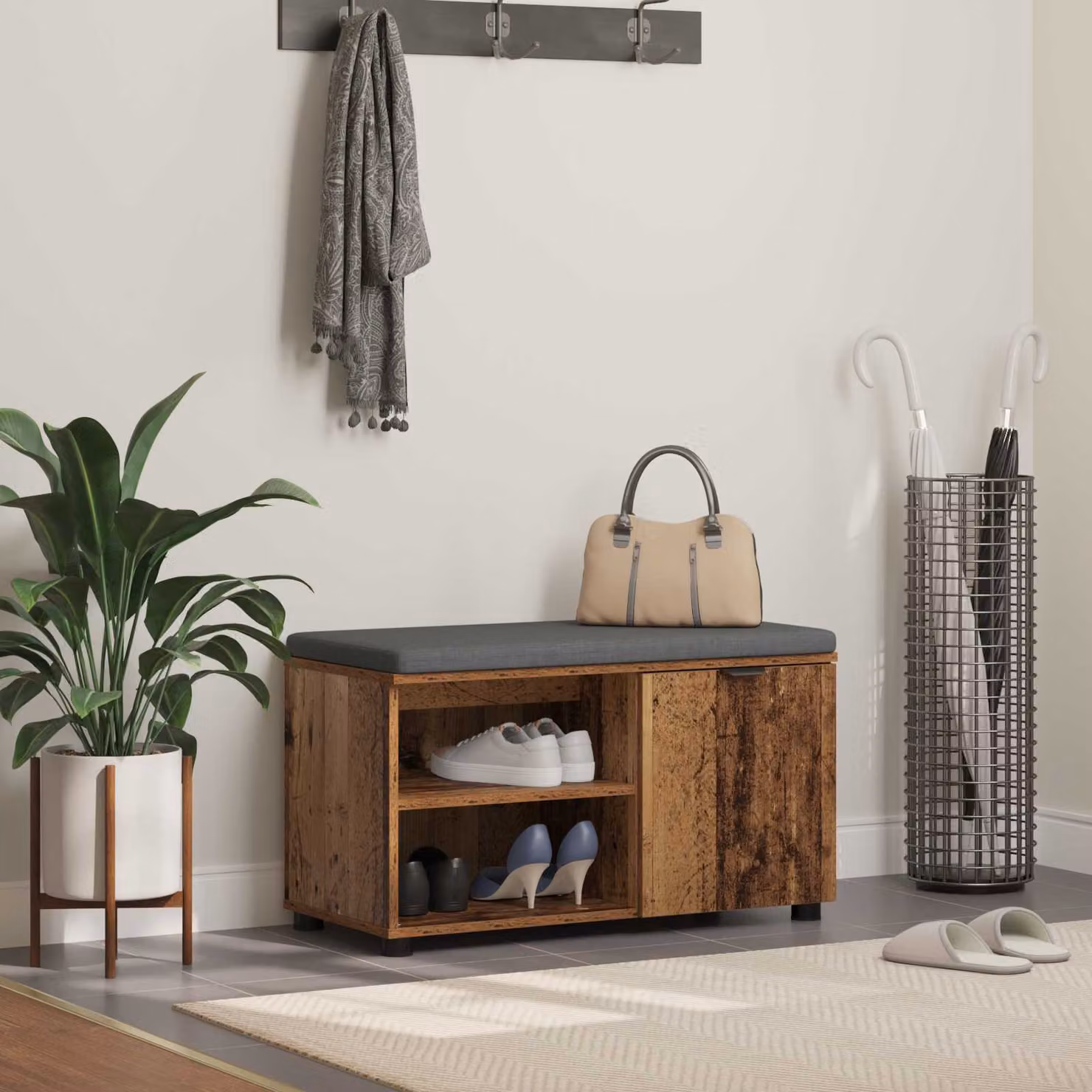 Panca per ingresso con scarpiera e cuscino vidaXL in legno vecchio marrone L 80 cm x P 38 cm x H 46 cm