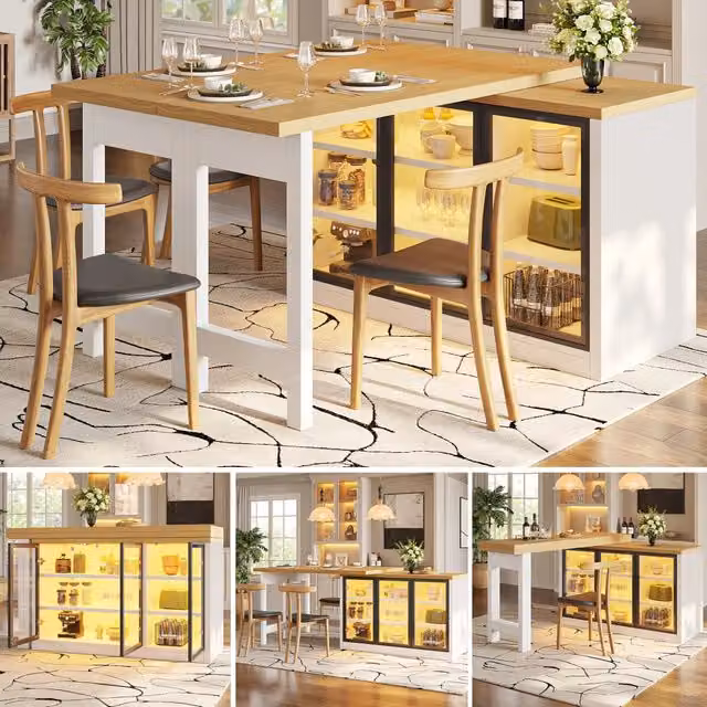 Tavolo da pranzo multifunzionale con credenza laterale, isola cucina estraibile, rotazione 360°, sistema luci smart, design moderno, bianco