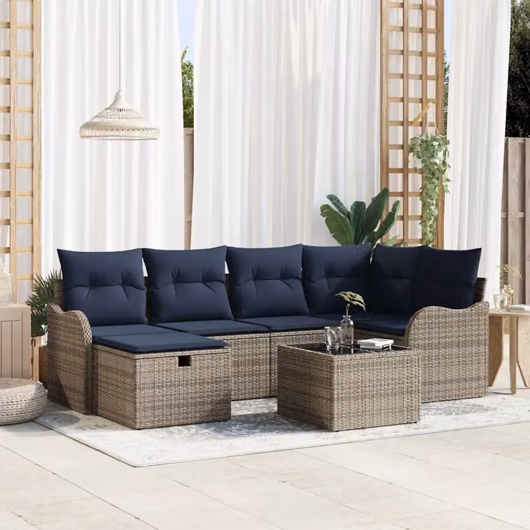 Set Divano da Giardino vidaXL 7 pz a Forma a L con Poltrona, Tavolino e Ottoman, Colore Grigio e Blu Navy, Struttura in Metallo e Polyrattan con Cuscini Inclusi