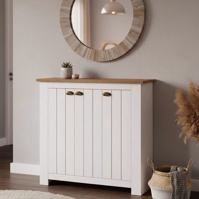 Scarpiera DMORA moderna con 3 ante, armadio porta scarpe per ingresso in legno e MDF, L: 114 cm, P: 42 cm, H: 100 cm, Bianco e Rovere – 1