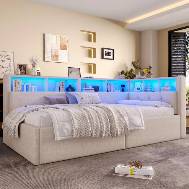 Divano letto singolo 90x200 cm con contenitore idraulico vani LED prese USB e tipo C in lino e MDF grigio
