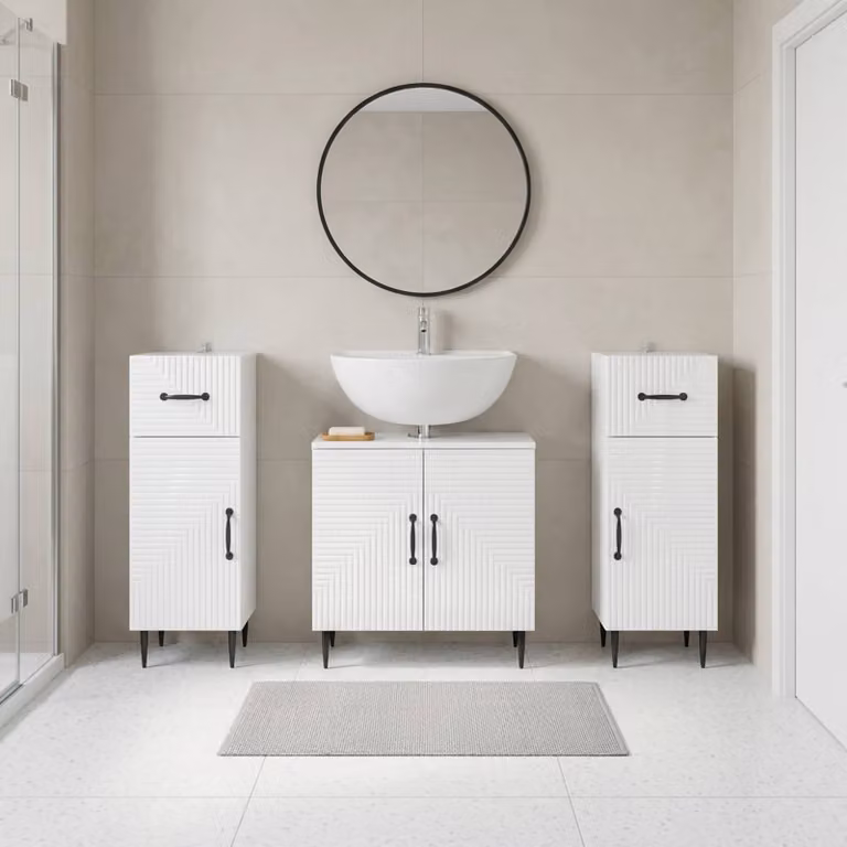 Set di mobili da bagno vidaXL HAARLEM in 3 pezzi, bianco lucido, con mobile lavabo e armadietti laterali