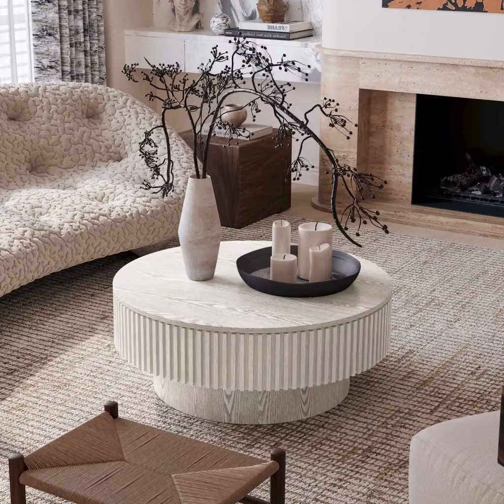 Tavolo basso rotondo REDOM con contenitore in MDF e legno bianco, diametro 75 cm – 2